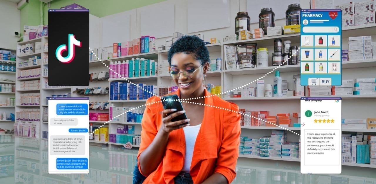 A young pharmacy customer on her smartphone representing how younger demographics embrace convenience, innovation, and authenticity when it comes to modern pharmacy services.