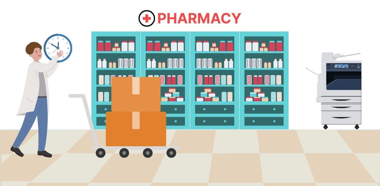 A pharmacist stops to fix a clock while in the middle of pushing a cart full of prescriptions, representing bulk actions and they're impact on controlled substance compliance.